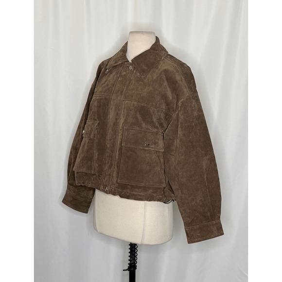 ZARA Suede Leather Bomber Jacket Pockets Outdoors Taupe Streetwear Brown Small - Picture 7 of 15